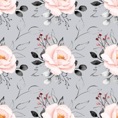 Çiçeksel elementlerle kusursuz suluboya çizimi, arka planı tekrarla