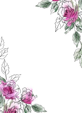 Çiçek çerçeveli suluboya çerçeve kenarı yazı için, elle boyanmış. Beyaz arkaplanda izole.