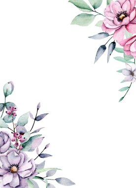 Suluboya çiçekler, tebrik kartı, davetiye ve diğer baskı tasarımları için çiçek çerçevesi. Beyazda izole edilmiş. El çizimi.