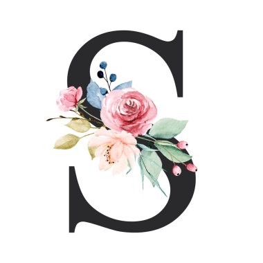 floral monogram, letter S watercolor painting with flowers and leaves
