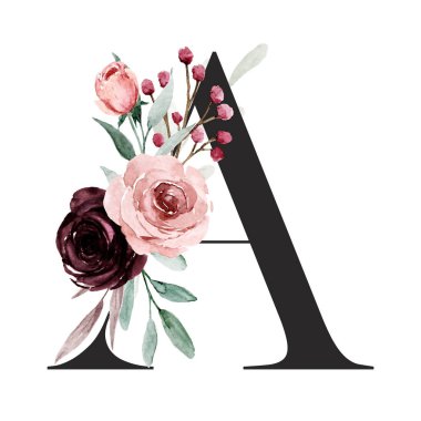 Şirin suluboya resim, çiçek ve yapraklı A harfi, beyaz arkaplanda çiçek alfabesi.