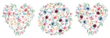 Çiçekli kalpler, suluboya çiçekler, yapraklar. Dekorasyon arka planı, davetiye, tebrik kartı, poster, çıkartma, simge ve diğer şeyler için ayarlandı.