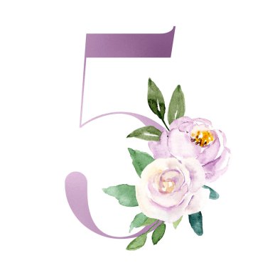 watercolor painting with purple number 5 on white background