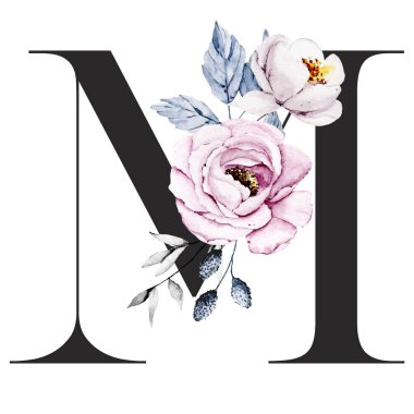 suluboya resim, çiçekli ve yapraklı M harfi, çiçek alfabesi.