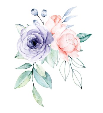 Flowers watercolor, floral clip art, botanic composition for wedding or greeting card
