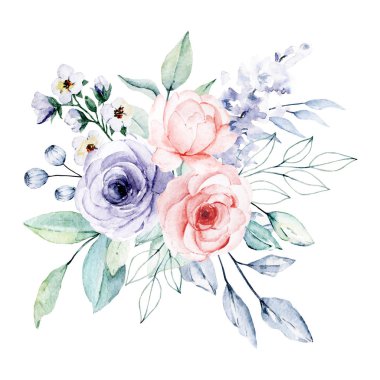 Flowers watercolor, floral clip art, botanic composition for wedding or greeting card