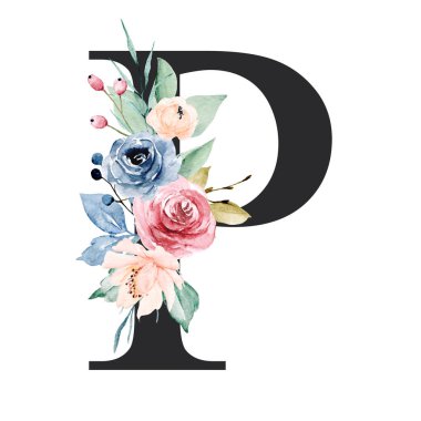 floral monogram, letter P watercolor painting with flowers and leaves