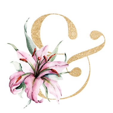 ampersand symbol on white background, watercolor painting with flowers