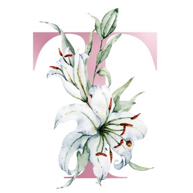 Çiçek alfabesi, güzel harf. Çiçek ve yapraklarla süslenmiş, suluboya resim.