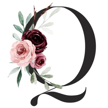 Şirin suluboya resim, çiçek ve yapraklı Q harfi, beyaz arkaplanda çiçek alfabesi.