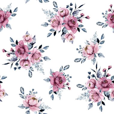 Kusursuz bir arka plan, suluboya çiçekli çiçek deseni. Kumaş duvar kağıdı desenini tekrarla