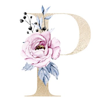 Şirin suluboya resim, çiçekli ve yapraklı P harfi, beyaz arkaplanda çiçek alfabesi.