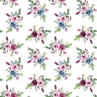 Güzel renkli güller, dikişsiz suluboya desenli çiçekler.