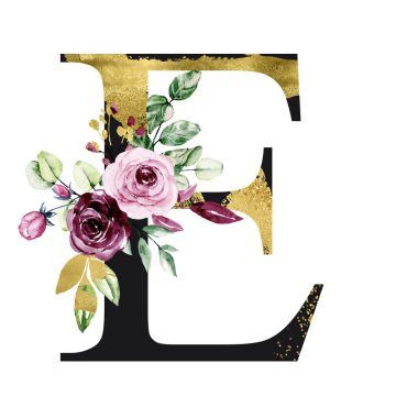 El çizimi suluboya resim, büyük harf E ve çiçek elementleri.