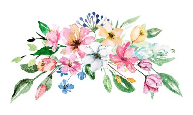 Yapraklı suluboya çiçekler, çiçek boyama konsepti.