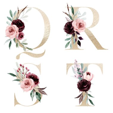 Çiçek alfabesi, Q, R, S, T harfleri, yaratıcı suluboya resim.