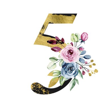 number 5 on white background, with flowers and leaves made with watercolor, floral monogram