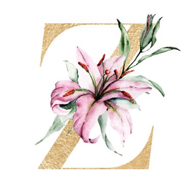 Çiçek alfabesi, çiçeklerle ve yapraklarla süslenmiş Z harfi, suluboya resim.