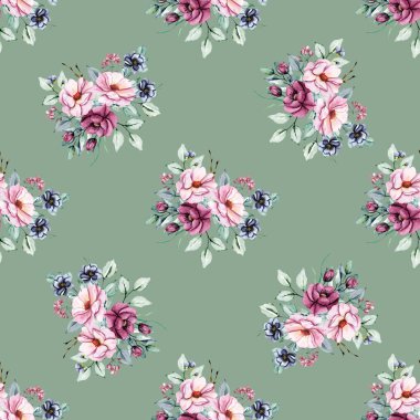 Kusursuz bir arka plan, suluboya çiçekli çiçek deseni. Kumaş duvar kağıdı desenini tekrarla