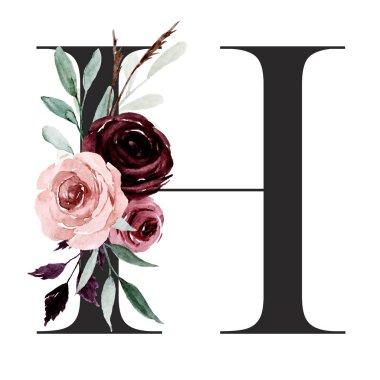 Şirin suluboya resim, çiçek ve yapraklı H harfi, beyaz arkaplanda çiçek alfabesi.