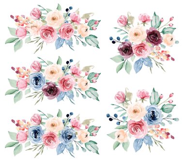 Floral collection with watercolor flowers, set of colorful bouquets
