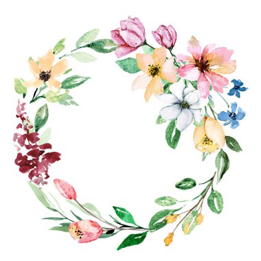 Suluboya çiçekli çelenk, tebrik kartı, davetiye ve diğer baskı tasarımları için çiçek seti. Beyazda izole edilmiş. El çizimi.