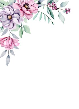 Suluboya çiçekler, tebrik kartı, davetiye ve diğer baskı tasarımları için çiçek çerçevesi. Beyazda izole edilmiş. El çizimi.