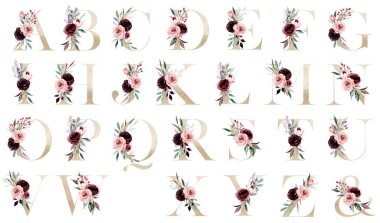 yaratıcı çiçek alfabesi, sanat suluboya çiçekler ve yapraklarla harfler. 