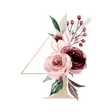 golden number 4, with flowers and leaves isolated on white, watercolor painting