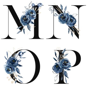 Çiçek alfabesi, M, N, O, P harfleri, yaratıcı suluboya resim.