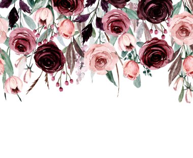 Çiçek çerçeveli suluboya çerçeve kenarı yazı için, elle boyanmış. Beyaz arkaplanda izole.