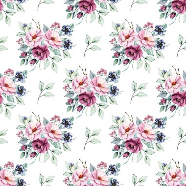 Kusursuz bir arka plan, suluboya çiçekli çiçek deseni. Kumaş duvar kağıdı desenini tekrarla