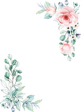 Çiçeksel çerçeve sınır tasarımı, suluboya boya çiçek ve yapraklar