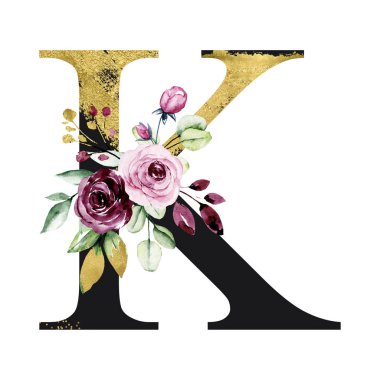 El çizimi suluboya resim, büyük harf K ve çiçekli elementler