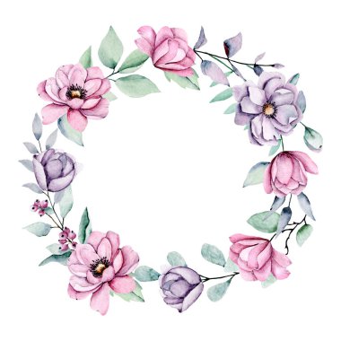 Suluboya çiçekli çelenk, tebrik kartı, davetiye ve diğer baskı tasarımları için çiçek seti. Beyazda izole edilmiş. El çizimi.