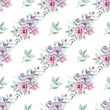 Kusursuz bir arka plan, suluboya çiçekli çiçek deseni. Kumaş duvar kağıdı desenini tekrarla