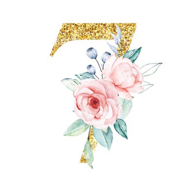 Çiçekler açan, suluboya resimli 7 numaralı altın parıltı.