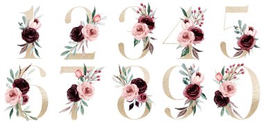 numbers set with watercolor art painting elements on white background