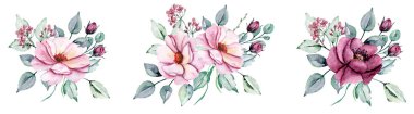 Floral collection with watercolor flowers, set of colorful bouquets