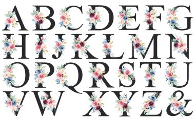 alphabet with floral elements, art watercolor painting letters with flowers and leaves