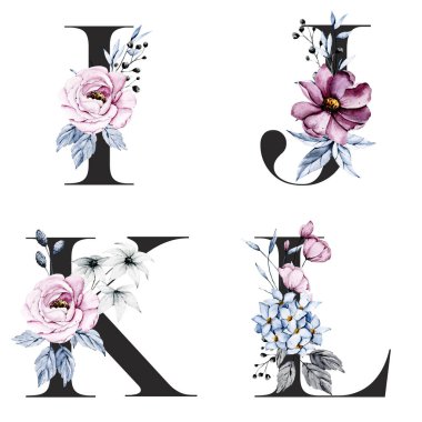 Çiçek alfabesi, I, J, K, L harfleri, yaratıcı suluboya resim.