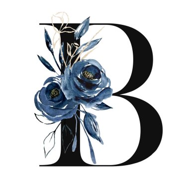 Şirin suluboya resim, çiçekli ve yapraklı B harfi, beyaz arkaplanda çiçek alfabesi.
