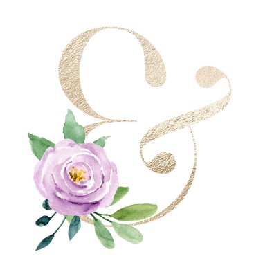 ampersand symbol on white background, watercolor painting with flowers