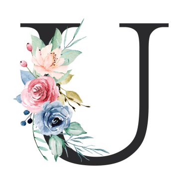floral monogram, letter U watercolor painting with flowers and leaves