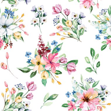 Çiçek konsept tasarımı, suluboya çiçekler ve yapraklar, pürüzsüz arkaplan