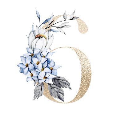 6 numara, elle çizilmiş suluboya resim tasarımı. 