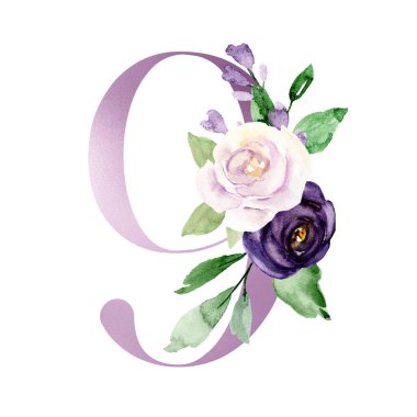 watercolor painting with purple number 9 on white background