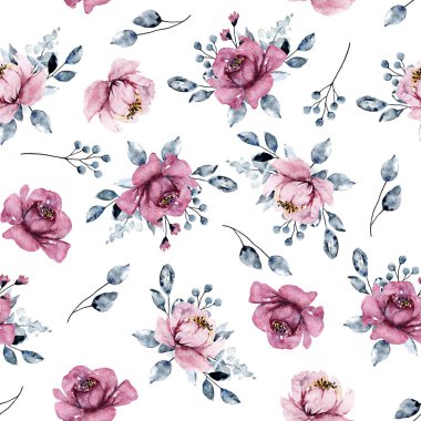 Kusursuz bir arka plan, suluboya çiçekli çiçek deseni. Kumaş duvar kağıdı desenini tekrarla