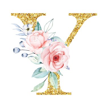 Altın alfabe, yapraklı ve çiçekli Y harfi, suluboya resim, çiçek başlığı