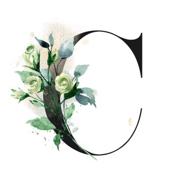 El çizimi suluboya resim, çiçekli büyük harf C